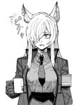  0mhiy 1girl animal_ears armband blue_archive collared_shirt cup greyscale hair_over_one_eye highres holding holding_cup jacket kanna_(blue_archive) long_hair long_sleeves monochrome mug necktie open_clothes open_jacket parted_lips sharp_teeth shirt shirt_tucked_in solo teeth upskirt 