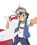  1boy ash_ketchum black_hair blue_jacket brown_eyes commentary_request grin hat highres ia_(ilwmael9) jacket latias male_focus outstretched_arm pokemon pokemon_(anime) pokemon_(creature) pokemon_journeys red_headwear selfie shirt short_hair short_sleeves shorts simple_background sleeveless sleeveless_jacket smile t-shirt teeth white_background white_shirt 
