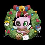 ;) abomasnow alternate_color artist_name bell black_background bow celebi closed_mouth commentary darkvoiddoble eiscue eiscue_(ice) green_eyes gs_ball looking_up no_humans one_eye_closed poke_ball pokemon pokemon_(creature) shiny_pokemon smile stantler watermark wreath 
