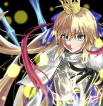  1girl armor armored_dress artoria_caster_(fate) artoria_pendragon_(fate) black_background black_gloves blonde_hair fate/grand_order fate_(series) gloves green_eyes highres long_hair looking_at_viewer purple_ribbon ribbon simple_background 