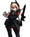  1girl assault_rifle black_gloves black_jacket black_pantyhose black_skirt commentary_request crossed_arms feet_out_of_frame floating_hair girls_frontline gloves gnom_na_korable gun hair_between_eyes headgear jacket light_brown_hair long_hair m4_carbine m4_sopmod_ii_(girls&#039;_frontline) multicolored_hair name_connection object_namesake pantyhose pleated_skirt red_eyes redhead rifle simple_background skirt solo standing streaked_hair very_long_hair weapon white_background 