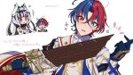  1boy 1girl alear_(fire_emblem) alear_(male)_(fire_emblem) blue_eyes blue_hair blush candy cape chocolate chocolate_bar crossed_bangs feather_dress feather_hair_ornament feathers fire_emblem fire_emblem_engage food gloves hair_ornament heterochromia holding holding_weapon long_hair mugimugis multicolored_hair petite red_eyes redhead short_hair smile split-color_hair two-tone_hair very_long_hair veyle_(fire_emblem) weapon 