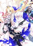  1girl absurdres armor armored_dress artoria_caster_(fate) artoria_pendragon_(fate) black_footwear black_gloves blue_ribbon boots fate/grand_order fate_(series) gloves hair_ribbon highres looking_at_viewer ponytail ribbon spece_ponta thigh_boots 