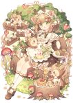 1girl :o animal_ears apron blush blush_stickers bow brooch brown_dress brown_eyes brown_footwear brown_hair brown_ribbon bug bush butterfly buttons cake closed_mouth commentary cup deer deer_antlers deer_ears deer_girl direction_board dress flower food frilled_dress frilled_socks frills fruit full_body gem grass green_bow green_eyes green_ribbon hair_between_eyes hair_flower hair_ornament hairclip head_scarf holding holding_food holding_fruit holding_plate honey honey_dipper honeypot hyou_(pixiv3677917) jar jewelry log long_sleeves looking_at_viewer mary_janes mori_girl mushroom neck_ribbon open_mouth original pancake pancake_stack plaid plaid_bow plant plate raspberry ribbon shoes short_eyebrows short_hair sidelocks sign simple_background sitting sitting_on_log socks swiss_roll syrup tea teacup teapot thick_eyebrows tree tree_stump white_apron white_background white_headwear white_socks yellow_flower 