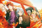  4boys ^_^ amagi_rinne arm_up asahi_breweries autumn autumn_leaves black_headband black_jacket blue_eyes blue_hair brown_jacket can closed_eyes closed_mouth coffee_cup commentary_request crazy_b_(ensemble_stars!) cup day disposable_cup drooling earrings ensemble_stars! fingernails food green_hoodie grey_hair grin ground_vehicle hair_between_eyes hair_over_shoulder headband highres himeru_(ensemble_stars!) holding holding_can holding_cup holding_food hood hood_down hoodie ice_cream ice_cream_cone jacket jewelry lapels leaf long_hair long_sleeves looking_at_viewer male_focus maple_leaf mochiko_(zy) multiple_boys multiple_rings necklace open_clothes open_jacket open_mouth oukawa_kohaku outdoors outstretched_arm parted_bangs pink_hair ponytail purple_shirt raised_eyebrows redhead ring shiina_niki shirt short_hair smile sweater teeth train turtleneck turtleneck_sweater violet_eyes white_sweater yellow_eyes 