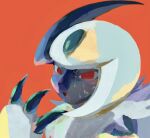  :o absol absurdres blurry bright_pupils claws commentary_request fang hand_up highres open_mouth orange_background pokemon pokemon_(creature) simple_background tongue wet white_pupils zai_(3333333333353pk) 