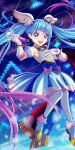  1girl absurdres ahoge blue_dress blue_eyes blue_hair bow cape cure_sky detached_sleeves dress earrings fingerless_gloves gloves gradient_hair hand_on_own_chest highres hirogaru_sky!_precure jewelry long_hair magical_girl multicolored_hair open_mouth pink_bow pink_hair precure puffy_detached_sleeves puffy_sleeves single_earring single_sidelock sky_mirage smile solo sora_harewataru taishou_(yzkt3453) thigh-highs twintails two-sided_cape two-sided_fabric very_long_hair white_gloves white_thighhighs wing_hair_ornament 