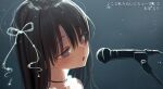  1girl bad_id bad_twitter_id blush brown_eyes brown_hair character_name choker close-up grey_background hair_ribbon highres honnryou_hanaru light_particles long_hair microphone microphone_stand music open_mouth original ribbon ruri_honjou singing solo translation_request white_ribbon 