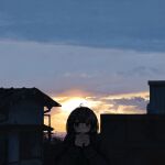  1girl absurdres black_eyes black_hair black_jacket building clouds hands_up highres house jacket looking_at_viewer original outdoors own_hands_together power_lines short_hair sky solo sun sunrise uniunimikan upper_body winter_clothes 