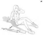  1girl adjusting_hair an-94 an-94_(girls&#039;_frontline) assault_rifle casual circle_a commentary_request full_body girls_frontline grey_scarf gun hairband jacket long_hair looking_at_viewer on_ground rifle scarf shadow shoes shorts sitting sketch sneakers solo weapon 