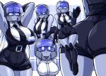 android ass_focus big_breasts black_gloves black_jacket black_shorts black_stockings blue_hair bodysuit breasts clothed discord discord-chan discord_logo gloves gradient_hair hands_behind_head happy humanoid_robot jacket_removed long_hair necktie office_lady robot_girl simple_background sleeveless sleeveless_bodysuit smile variations waist_belt white_eyes white_shirt zzzhadozzz_(artist)