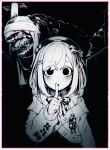  1girl beret cardigan finger_to_mouth hat hatyuuruinohito highres horror_(theme) long_neck looking_at_viewer monochrome monster nijisanji peril power_lines scared shushing solid_circle_pupils suzuhara_lulu virtual_youtuber wide-eyed 