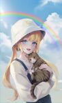  1girl animal animal_hands bbony_0_0 blonde_hair blue_eyes blush cat cat_tail clouds commission denim hat highres holding holding_animal long_hair long_sleeves looking_at_viewer low_twintails original rainbow renmou sunlight tail twintails 