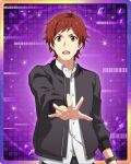  1boy ahoge facial_hair goatee idolmaster idolmaster_side-m idolmaster_side-m_growing_stars jacket long_sleeves male_focus official_alternate_costume official_art open_clothes open_jacket outstretched_hand palms redhead teeth tendo_teru upper_teeth_only watch 