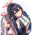  2girls ayane_(blue_archive) black_cola black_hair black_jacket blazer blue_archive blue_necktie breasts closed_mouth collared_shirt commentary_request eyewear_removed glasses grey_hair grey_skirt hair_between_eyes halo highres holding holding_eyewear jacket multiple_girls mutsuki_(blue_archive) necktie open_clothes open_jacket open_mouth orange_eyes plaid plaid_skirt pleated_skirt pointy_ears red-framed_eyewear school_uniform shirt skirt small_breasts sweater_vest violet_eyes white_shirt 