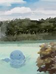  closed_mouth clouds commentary_request day highres no_humans outdoors pokemon pokemon_(creature) quagsire reflection ripples sky smile solo swimming water zai_(3333333333353pk) 