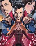  2boys 2girls animification artist_name aura beard black_hair blue_eyes brown_hair cape casting_spell character_request disembodied_eye doctor_strange doctor_strange_in_the_multiverse_of_madness facial_hair grey_hair highres long_hair looking_at_viewer magic male_focus marvel marvel_cinematic_universe multicolored_hair multiple_boys multiple_girls mystical_high_collar oyenpaws red_cape red_eyes redhead robe scarlet_witch short_hair superhero teeth two-tone_hair witch wizard 