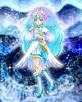 1girl blue_eyes blue_footwear blue_hair boots cure_ange cure_ange_(cheerful_style) dress earrings full_body hand_on_hip heart_pouch highres hugtto!_precure jewelry long_sleeves magical_girl official_art precure precure_connection_puzzlun see-through see-through_sleeves smile solo third-party_source veil white_dress wide_ponytail yakushiji_saaya 