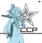  1girl bow breasts circle_a commentary_request cowboy_shot dress from_side girls_frontline gun hair_bow hammer_and_sickle handgun juliet_sleeves large_breasts long_hair long_sleeves monochrome profile puffy_sleeves red_eyes solo spot_color star_(symbol) tokarev_(girls&#039;_frontline) tokarev_tt-33 weapon 