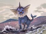  :d animal_focus black_eyes bright_pupils clouds commentary_request full_body highres looking_at_viewer open_mouth outdoors pokemon pokemon_(creature) sand shore sky smile splashing standing tongue vaporeon water white_pupils zai_(3333333333353pk) 