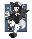  1girl animal_ears arm_up black_eyes black_hair blue_background bob_cut border fox_ears fox_girl fox_tail full_body halloween_costume kukuri_(mawaru) looking_at_viewer mawaru_(mawaru) multiple_tails onesie open_mouth original short_hair solo standing standing_on_one_leg tail white_border 