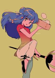  1girl blush_stickers bow dumpling food hair_bow happy highres menma_(enaic31) open_mouth purple_hair ranma_1/2 shampoo_(ranma_1/2) simple_background solo twitter_username white_bow yellow_bow 