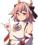  1boy astolfo_(fate) black_bow bow cosplay detached_sleeves fate/apocrypha fate_(series) fox_shadow_puppet genshin_impact hair_bow hair_intakes hair_ornament hair_ribbon highres hinghoi japanese_clothes looking_at_viewer male_focus mihoyo multicolored_hair nontraditional_miko otoko_no_ko pink_hair ribbon simple_background smile solo streaked_hair upper_body violet_eyes white_background white_hair white_sleeves wide_sleeves yae_miko yae_miko_(cosplay) 