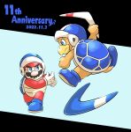  1boy absurdres anniversary aogaeru_(pixiv46613656) black_background blue_background blue_eyes blue_footwear blue_headwear boomerang boomerang_brothers boomerang_mario brown_hair closed_mouth commentary_request dated facial_hair fighting frown gloves helmet highres holding jumping long_sleeves looking_at_another mario mustache red_shirt shirt shoes short_hair standing super_mario_3d_land super_mario_bros. throwing turtle_shell two-tone_background v-shaped_eyebrows white_gloves 