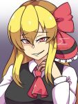  aged_up ascot black_vest blonde_hair breasts commission hair_between_eyes hair_ribbon hand_on_own_face long_hair long_sleeves medium_breasts neferkitty ofuda red_ascot red_eyes ribbon rumia shirt slit_pupils teeth touhou upper_body vest white_shirt yandere 