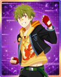  1boy akiyama_hayato bandaid bandaid_on_face bandaid_on_nose belt clenched_hands fingerless_gloves fingernails gloves glowing glowing_eyes green_belt green_hair hair_between_eyes hood hoodie idolmaster idolmaster_side-m idolmaster_side-m_growing_stars jacket long_sleeves looking_at_viewer male_focus midriff_peek official_alternate_costume official_art open_clothes open_jacket red_eyes red_gloves smile solo teeth v-shaped_eyebrows yellow_hoodie 