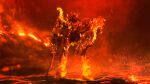  absurdres almazdjus bad_end beam_rifle blurry blurry_background burning character_request copyright_request debris destruction energy_gun fire glowing glowing_hot gundam highres mecha melting mobile_suit molten_rock no_humans realistic robot science_fiction shield volcano weapon 