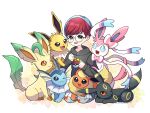  1girl :d ;3 artist_name black_eyes black_hoodie blue_eyes blue_hair blush bright_pupils brown_eyes closed_mouth commentary_request fang flareon glasses grey_eyes grey_pants hands_up highres hood hood_down hoodie jolteon kneeling leafeon long_sleeves looking_at_another looking_at_viewer multicolored_hair one_eye_closed open_mouth pants penny_(pokemon) pleated_skirt poke_ball_print pokemon pokemon_(creature) pokemon_(game) pokemon_sv red_eyes redhead round_eyewear saki_pokeoekaki see-through see-through_skirt short_hair simple_background skirt smile swept_bangs sylveon twitter_username two-tone_hair umbreon vaporeon white_background white_pupils 