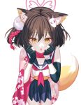  1girl absurdres animal_ear_fluff animal_ears black_gloves blue_archive brown_eyes brown_hair fang fox_ears fox_girl fox_hair_ornament fox_tail gloves hair_between_eyes halo highres izuna_(blue_archive) looking_at_viewer partially_fingerless_gloves pleated_skirt reosroom sailor_collar simple_background skirt solo surprised tail twintails white_background 