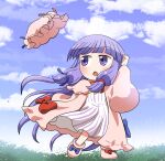  1girl blush day dress hat hat_removed headwear_removed long_hair long_sleeves mob_cap open_mouth patchouli_knowledge pink_footwear pink_headwear purple_hair rokugou_daisuke shoes sidelocks signature solo striped striped_dress touhou vertical-striped_dress vertical_stripes violet_eyes 