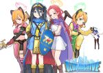  5girls absurdly_long_hair alternate_costume angry animal_ear_headphones animal_ears aris_(blue_archive) armor bare_shoulders black_gloves black_hair blue_archive blue_eyes blunt_bangs blurry blush bow braid breastplate brown_gloves cape cat_ear_headphones commentary_request depth_of_field dragon_quest fake_animal_ears fighting_stance fingerless_gloves forehead full_body gloves green_eyes hair_between_eyes hair_ribbon hairband halo hand_on_hip headgear headphones highres holding holding_sword holding_weapon kemonomimi_mode leotard long_hair long_sleeves looking_at_viewer martial_arts midori_(blue_archive) momoi_(blue_archive) multiple_girls orange_hair pantyhose parody parted_bangs playboy_bunny purple_gloves purple_hair rabbit_ears rabbit_girl rabbit_tail red_eyes redhead ribbon ryh4 shield short_hair shoulder_armor sidelocks simple_background single_braid smile staff standing standing_on_one_leg stomach strapless strapless_leotard sword tail tress_ribbon two_side_up very_long_hair weapon weapon_on_back white_background white_leotard yuuka_(blue_archive) yuzu_(blue_archive) 