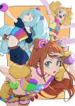  3girls :d :o ;) absurdres after_(artist) aikatsu! aikatsu!_(series) aikatsu_stars! animal_ears arm_up arm_warmers armpits arms_up bare_shoulders belt blonde_hair blunt_bangs blush border bow braid choker closed_mouth collar collarbone cone_hair_bun cowboy_shot crop_top dated detached_sleeves double_bun drill_hair fingerless_gloves flat_chest frills fur-trimmed_gloves fur_trim gloves green_eyes hair_bun hair_ornament hand_on_hip hand_up highres idol jewelry leaning_forward long_hair looking_at_viewer midriff multicolored_clothes multicolored_shirt multiple_girls navel nikaidou_yuzu one_eye_closed open_mouth orange_background orange_hair outside_border outstretched_arms pom_pom_(clothes) puffy_short_sleeves puffy_shorts puffy_sleeves red_eyes saotome_ako shading_eyes shirogane_lilly shirt short_shorts short_sleeves shorts sidelocks simple_background skirt sleeveless smile spread_arms standing star_(symbol) star_hair_ornament stomach teeth thigh-highs twintails upper_teeth_only very_long_hair white_border white_hair yellow_gloves yellow_shirt 