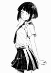  1girl absurdres audio_jack blush boku_no_hero_academia closed_mouth collared_shirt from_side greyscale highres jirou_kyouka kobaji long_earlobes looking_at_viewer monochrome necktie pleated_skirt school_uniform shirt short_hair short_sleeves sidelocks simple_background skirt smile solo split_mouth standing u.a._school_uniform 