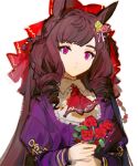  1girl absurdres animal_ears ascot bow brown_hair closed_mouth daiichi_ruby_(umamusume) dress drill_hair expressionless flower hair_bow hair_ornament highres hikawayunn holding holding_flower horse_ears juliet_sleeves long_hair long_sleeves looking_at_viewer puffy_sleeves purple_dress red_ascot rose solo umamusume upper_body violet_eyes 