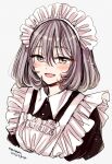  1girl :d apron black_dress blush collared_dress commentary_request cropped_torso dated dress eyelashes fang frilled_apron frills grey_eyes grey_hair hair_between_eyes happy looking_at_viewer maid maid_headdress open_mouth original short_hair signature simple_background sketch smile solo sugano_manami tsurime upper_body white_apron white_background 