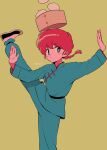  1girl black_footwear blue_eyes blush_stickers braid braided_ponytail dumpling food highres menma_(enaic31) open_mouth ranma-chan ranma_1/2 redhead simple_background solo standing standing_on_one_leg 