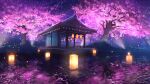  absurdres architecture cherry_blossoms east_asian_architecture falling_petals hanging_lantern highres lake lantern light night no_humans original outdoors paper_lantern petals reflection reflective_water scenery smile_(qd4nsvik) tree 