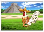  bird blue_sky chichen_itza chicken clouds cloudy_sky commentary_request dated day el_castillo grass hat highres instrument keiji_(niwatori_fighter) looking_at_viewer looking_to_the_side maracas mexico mixed-language_commentary niwatori_fighter no_humans outdoors poncho pyramid_(structure) sakuratani_shuu signature sky sombrero spanish_commentary tree 