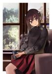  1girl alternate_costume black_sweater bob_cut brown_eyes brown_hair couch cup headgear inverted_bob kantai_collection mug pleated_skirt red_skirt ribbed_sweater short_hair sidelocks skirt solo steam sweater taihou_(kancolle) timmyyen window 