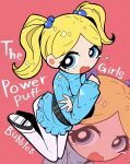  1girl blonde_hair blue_eyes blush bubbles_(ppg) crossed_arms dress hair_bobbles hair_ornament highres mary_janes pantyhose powerpuff_girls rumford shoes short_twintails simple_background solo_focus sweater sweater_dress tears twintails white_pantyhose 