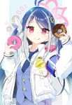  1girl :q absurdres antenna_hair black_hair blue_archive collared_shirt commentary_request doughnut dual_wielding food fubuki_(blue_archive) hair_between_eyes hair_ornament halo heart heart_hair_ornament highres holding holding_food long_hair long_sleeves looking_at_viewer multicolored_hair pencil_skirt police police_badge police_uniform policewoman red_eyes shirt sidelocks skirt smile solo streaked_hair toketacocoa tongue tongue_out twintails two-tone_hair uniform walkie-talkie 
