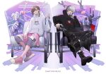  2boys black_hoodie black_pants brown_hair chronoir closed_mouth ear_piercing grey_eyes group_name head_rest highres hood hood_down hoodie kanae_(nijisanji) key kuzuha_(nijisanji) long_sleeves looking_at_viewer lowro_(en) male_focus mole mole_under_eye multiple_boys nijisanji open_mouth pants piercing red_eyes shorts virtual_youtuber white_hair white_hoodie white_shorts 