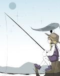  blonde_hair epic_armageddon fishing fishing_rod hat highres holding holding_fishing_rod leaf moriya_suwako outdoors purple_footwear purple_vest sitting skirt skirt_set sky socks thigh-highs touhou vest water white_socks wide_sleeves 