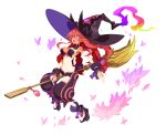  1girl braid breasts broom broom_riding butterfly_hair_ornament cosplay disgaea disgaea_rpg fang flying full_body hair_ornament hat highres large_breasts large_hat long_bangs long_hair metallica_(majo_to_hyakkihei) metallica_(majo_to_hyakkihei)_(cosplay) navel non-web_source official_art open_mouth photoshop_(medium) pink_hair pointy_ears pointy_footwear solo twin_braids violet_eyes witch witch_hat wrist_cuffs 
