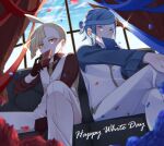  2boys ahoge blonde_hair blush box buttons commentary_request crossed_legs curtains day from_below gift gift_box gladion_(pokemon) gloves green_eyes grusha_(pokemon) happy_white_day highres holding long_sleeves looking_at_viewer male_focus mocacoffee_1001 multiple_boys necktie pants pokemon pokemon_(game) pokemon_sm pokemon_sv shirt short_hair sitting vest white_day white_pants white_vest window 