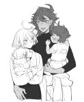  4girls ahoge dark-skinned_female dark_skin family gundam gundam_suisei_no_majo hair_between_eyes highres holding_baby if_they_mated ips_cells jewelry long_hair long_sleeves looking_at_another miorine_rembran mobile_suit_gundam monochrome mother_and_daughter multiple_girls pencil_skirt ring skirt smile suletta_mercury thick_eyebrows wedding_ring wife_and_wife yuri zhuotian 